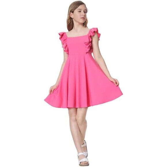 Mebius Girls 14Y Hot Pink Bow Back Square Neck Ruffle Sleeve Preppy A Line Dress - Picture 1 of 12